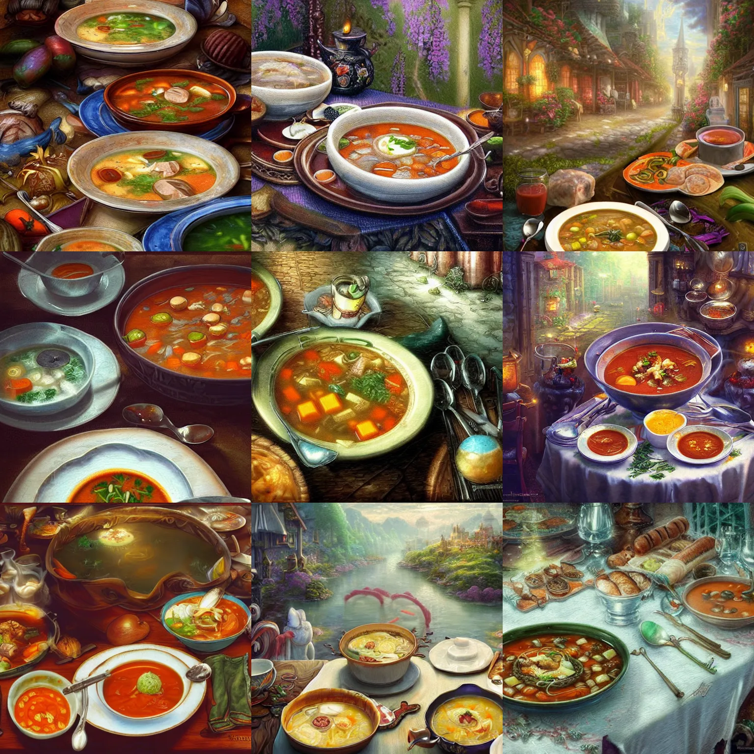 Prompt: table with a plate filled with soup, in the soup there is vegetables and two sausages, fantasy art, fantasy style, anime!!!, food focus, magic, highly detailed, by thomas kinkade, by wlop,