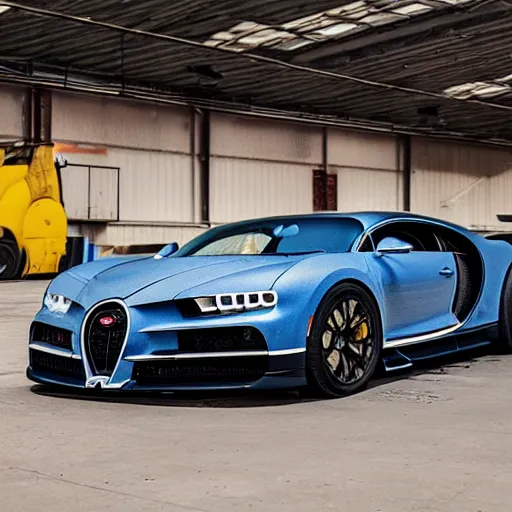 Image similar to an abandoned, derelict, rusty bugatti chiron in a dirty warehouse