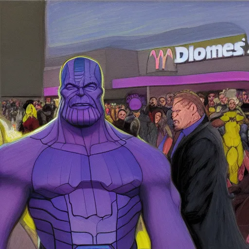 Prompt: Thanos waiting in line at a McDonalds, by Monet
