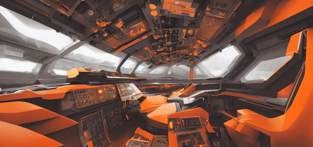 Prompt: realistic cinematic sci - fi mothership interior cabin cockpit orange and white minimalist design comfortable classy luxury - machinery, tubes wires path matte painting masterpiece warm tones quiet