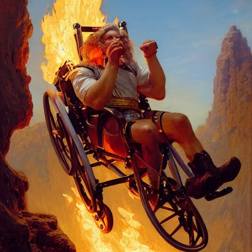 Prompt: wcw lex lugar in a wheel chair on fire rolling off a cliff. highly detailed painting by gaston bussiere, j. c. leyendecker, greg rutkowski, craig mullins 8 k