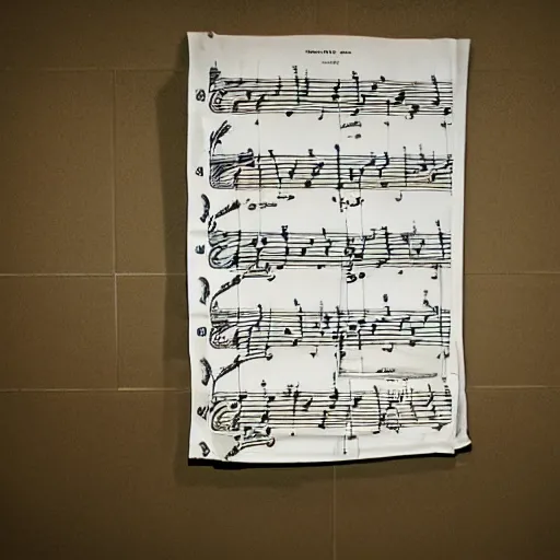 Prompt: abandoned sheet music in a bathroom