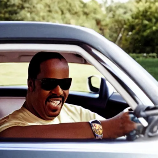 Image similar to photo of Stevie Wonder driving a car