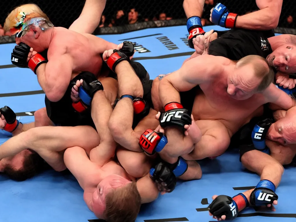 Image similar to a perfect color action photograph of donald trump and vladimir putin fighting in the ufc. guillotine choke. strong lighting. lots of sweat and haematomas.