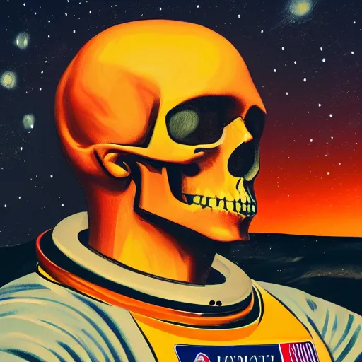 Image similar to a portrait of an astronaut, his head is a skull, it is night and the sky is covered in stars, dramatic and cinematic lights, in the style of edward hopper, 4 k,