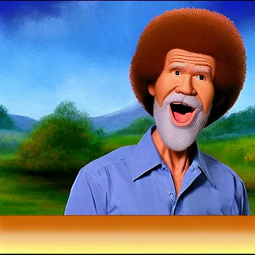 Image similar to bob ross with a really long neck and screaming at the sky