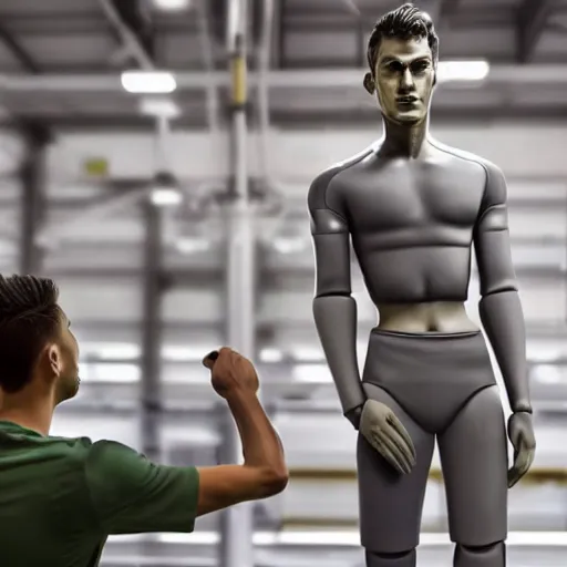 Image similar to a realistic detailed photo of a guy who is an attractive humanoid who is half robot and half humanoid, who is a male android, attractive and handsome soccer players, shiny skin, posing like a statue, blank stare, in a factory, on display, showing off his muscles, wearing soccer shorts, side view, looking at each other mindlessly