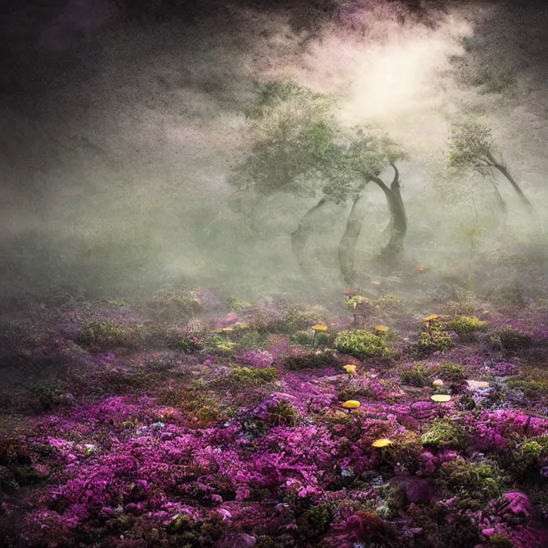 Image similar to a planet of various fungus, mushrooms, flowers and plants, inside the picture is infinity, Atmospheric, artistic photography, conceptual, long exposure outside the city, volumetric light