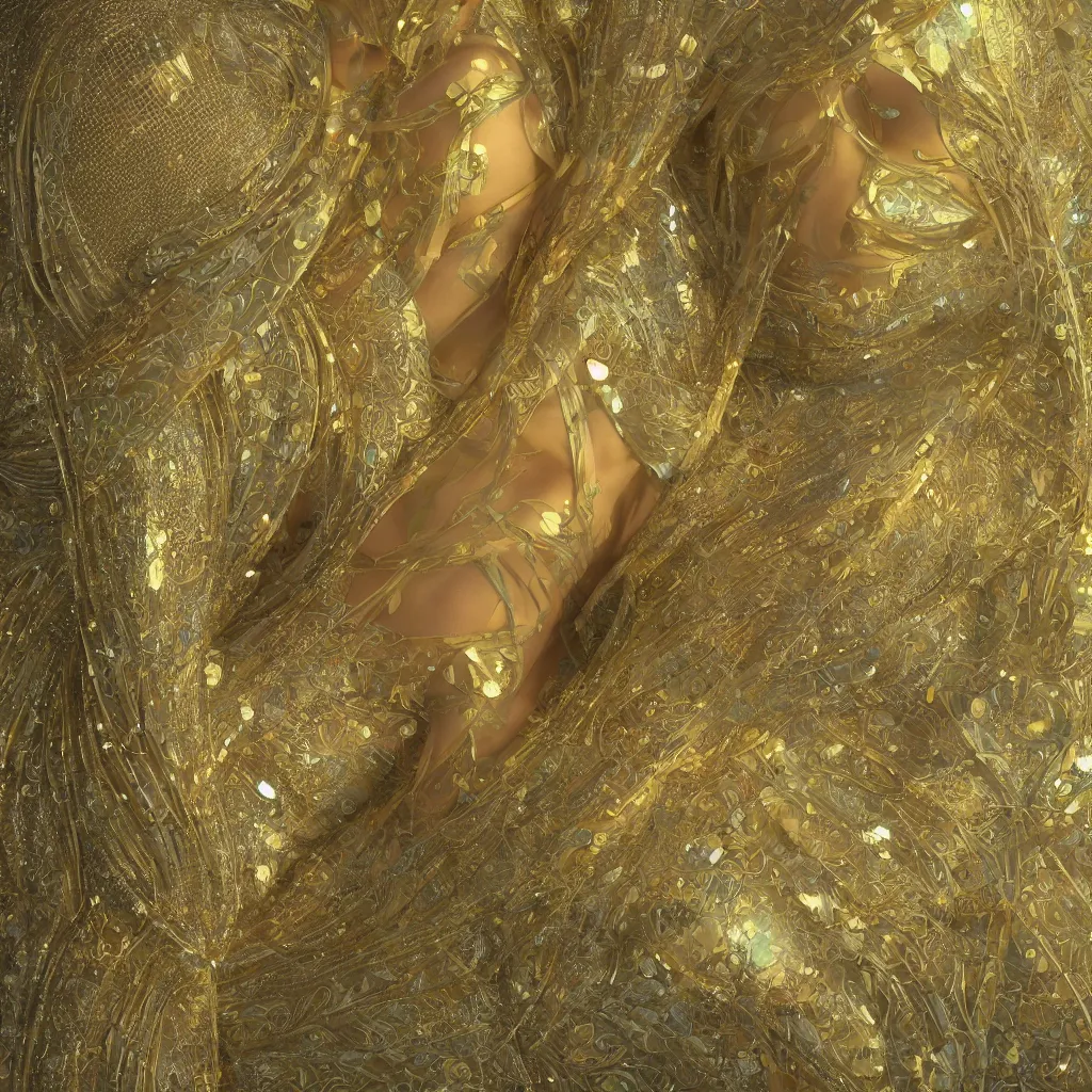 Image similar to human body with thin golden lines, transparent crystals and textiles, Art Nouveau, Alphonse Mucha, cinematic realistic photo, octane render