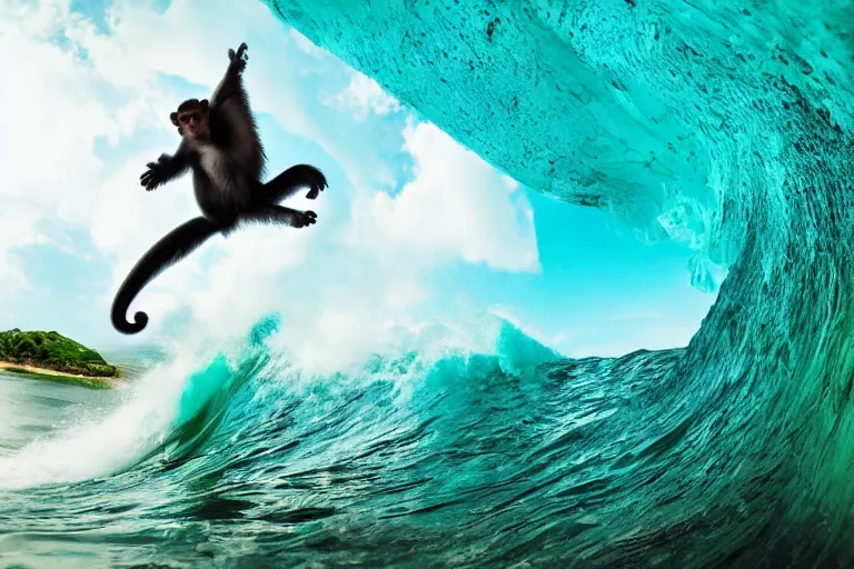 Image similar to monkey surfing on a green sea wave, comicbook, natural lighting, wide angle lens, baby blue color, dof