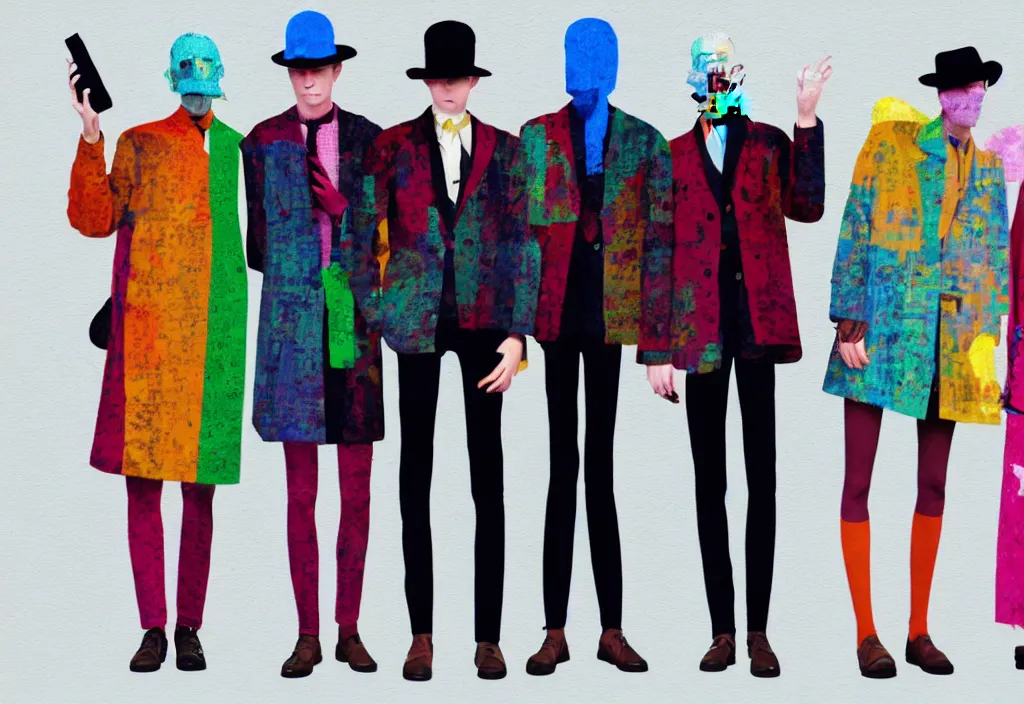 Image similar to full body portrait of a trio of young fashionable european tourists long pattern coat travel apparel, with nikon cameras, various poses shooting photos, character designs painting, in the style of wes anderson, rene magritte, lola dupre, david hockney, isolated on white background, dark monochrome neon spraypaint accents volumetric octane render