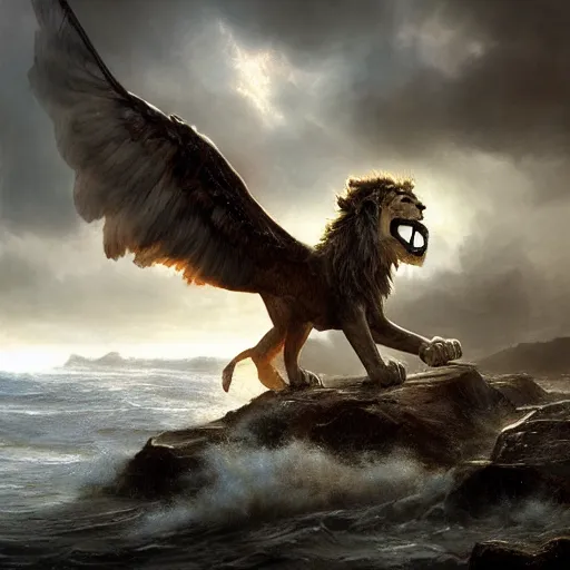 Prompt: A giant winged lion rising up out of a turbulent sea near a rocky shore, by Craig Mullins, very detailed, realistic, epic concept art, light, light Rays, cinematic stormy sky, trending on artstation, epic cinematography, epic composition