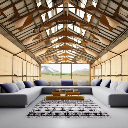 Image similar to interior view of modern futuristic farm barn architecture and interior design showing cows laying down on sofas and pigs and chickens sitting in lounge chairs, wall art, throw pillows, areas rugs, feed troughs, hay, detailed luminescent oil painting 4 k