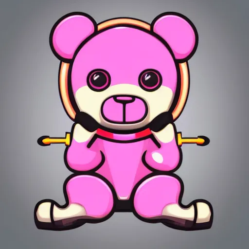 Image similar to iconic vector logo of cute cuddly pink bear with a podcast microphone, melodic, headphones, music, streaming, dreamy, isometric, adorable, octane render, golden ratio, 4k UHD, iconic design