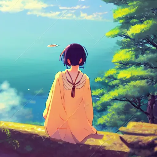 Prompt: An anime girl wearing a kimono sitting on a cliff looking towards a meteor flying overhead, in the style of Makoto Shinkai —h 720 —w 1280