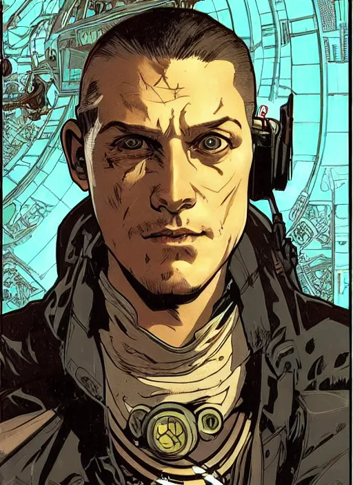 Image similar to cyberpunk repo man. portrait by ashley wood and alphonse mucha and laurie greasley and josan gonzalez and james gurney. spliner cell, apex legends, rb 6 s, hl 2, d & d, cyberpunk 2 0 7 7. realistic face. vivid color. dystopian setting.