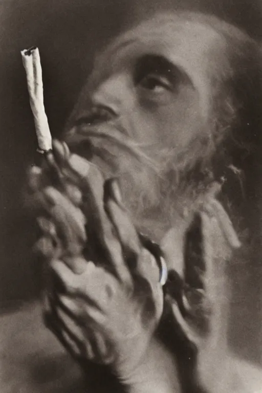 Prompt: a tiktok of god smoking a cuban cigar by man ray