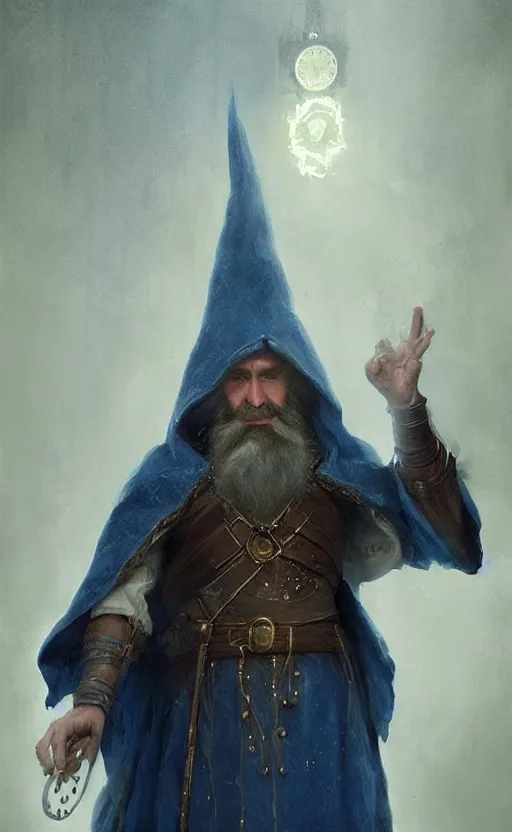 Image similar to portrait of a middle aged elf with a long beard, dressed in a blue cloak with clock iconography, brown hair, raised hand, detailed face, fantasy, highly detailed, cinematic lighting, digital art painting by greg rutkowski