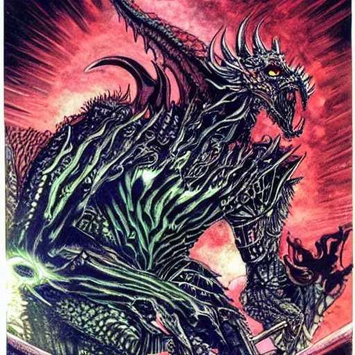 Image similar to an epic demonic alien dragon demigod descending from the cosmos to consume the earth, philippe druillet art