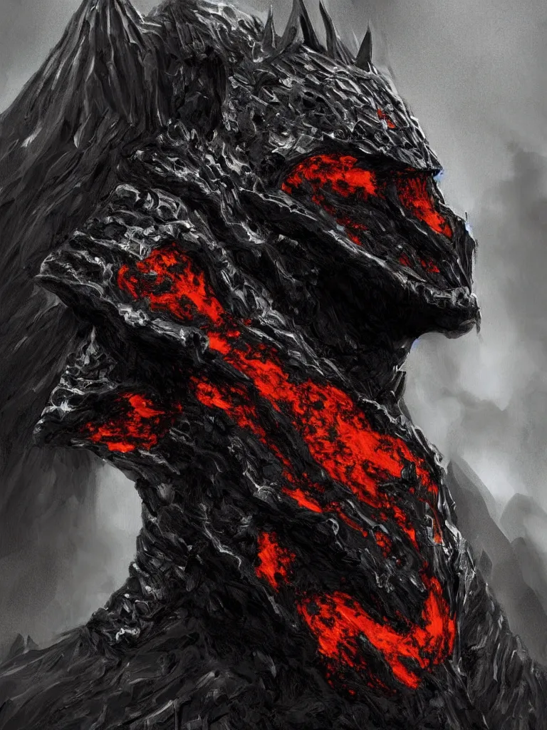 Prompt: hyper-realistic portrait of the King of the mountains, medieval dark knight in black armour, dark environent, magma and lava, throne of lava, dark mountain environment, horrifying, D&D, fantasy, intricate, cinematic lighting, highly detailed, digital painting, artstation, concept art, smooth, photorealistic, cinematic wallpaper, art by Artgerm and Greg Rutkowski and Alphonse Mucha