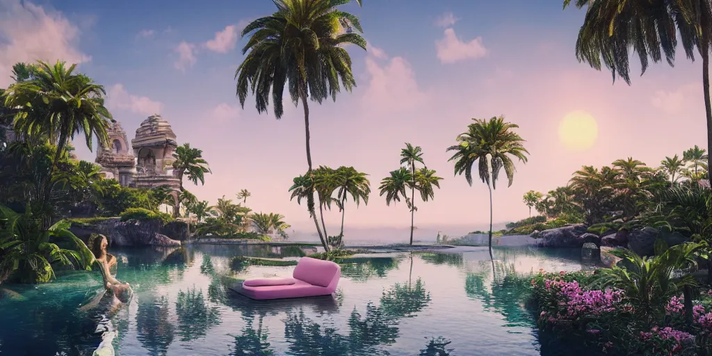 Image similar to Beeple masterpiece, hyperrealistic surrealism, award winning masterpiece with incredible details, epic stunning, infinity pool, a surreal liminal space, highly detailed, trending on ArtStation, calming, meditative, pink arches, palm trees, surreal, sharp details, dreamscape, giant gold head statue ruins, crystal clear water, sunrise