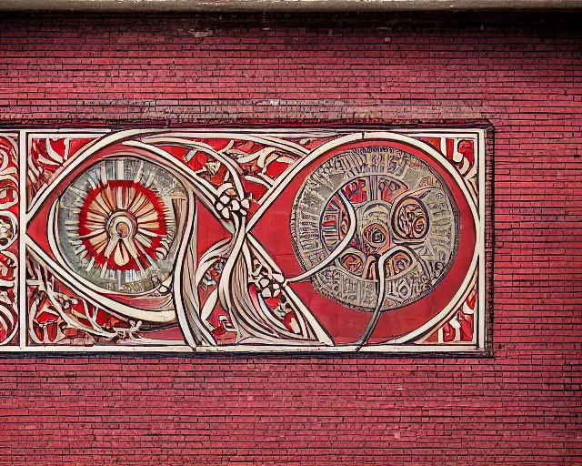 Image similar to photo of an outdoor mural from the early 1 9 0 0 s in the style of art nouveau, red curtains, art nouveau design elements, art nouveau ornament, brick wall, opera house architectural elements, painted on a brick wall, outdoor mural, mucha, masonic symbols, masonic lodge