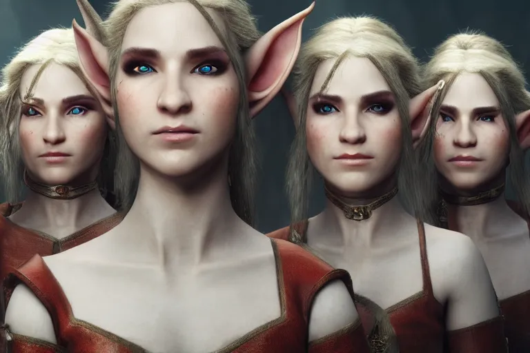 Image similar to a cinematic headshot portrait of three female elf warriors, 8 k, ultra realistic, dramatic lighting, mist