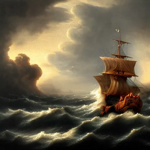 Prompt: An ancient burning ship on a stormy sea, matte painting, highly detailed