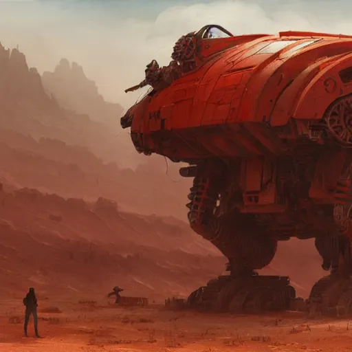 Prompt: mech, post-apocalyptic, hulking, wide shot, desert background, highly detailed, digital painting, artstation, concept art, sharp focus, illustration, art by artgerm and greg rutkowski and magali villeneuve, Zdzisław Beksiński, red brown and white color scheme