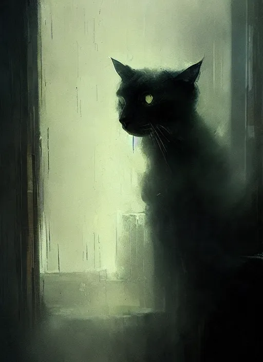 Prompt: a dramatic portrait of a cat inside a modern apartment, intricate concept art, ethereal, ominous, dramatic lighting, by jeremy mann and ruan jia