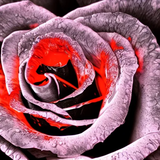 Image similar to award - winning macro of a beautiful black rose made of glowing molten magma