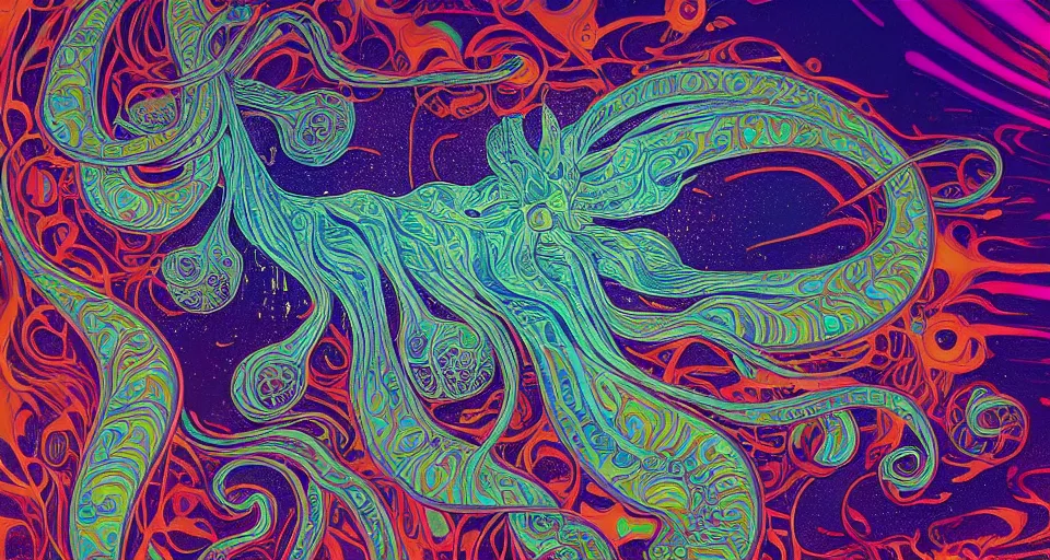 Prompt: insanely psychedelic ocean, paisley ripples, backlit, 🦑 dmt octopus, sunrise 🌅, refracted lighting, psychedelic ocean art, elegant, 8 k resolution, intricate and fine details, digital painting, artstation, illustration, krenz cushart, alphonse mucha