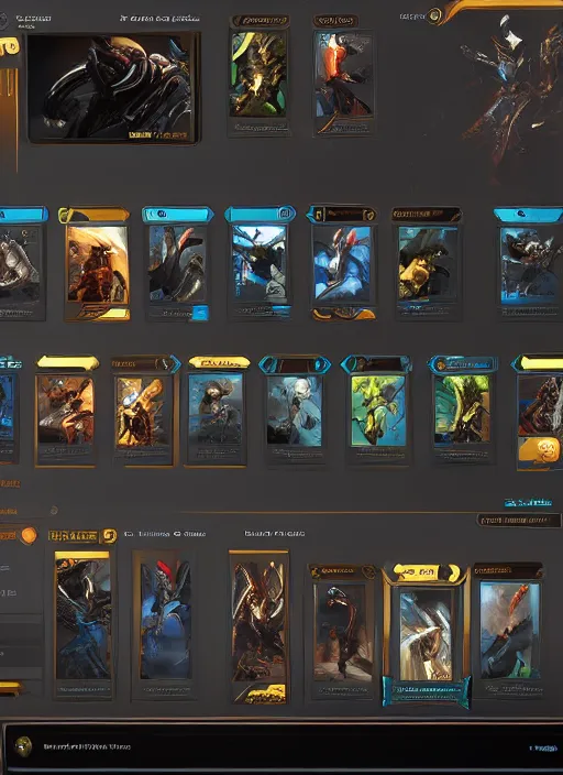 Image similar to warframe with trading card ui and ornate border frame, art station