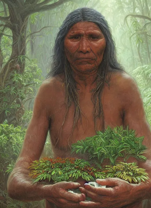 Prompt: a close up portrait of an indigenous elder preparing plants medicines in the jungle, highly detailed, art by christophe vacher
