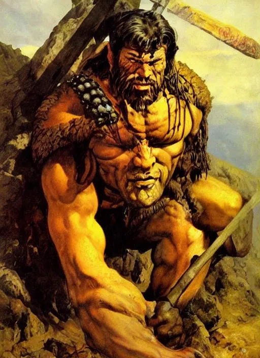 Prompt: portrait of barbarian on mountain, coherent! by mariusz lewandowski, by frank frazetta, deep color, strong line, high contrast