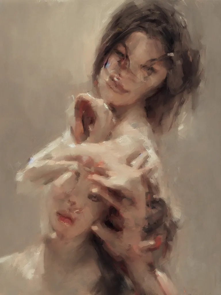 Prompt: romantic portrait, beautiful juicy brush strokes, alla prima, realist, by richard schmid and sargent, trending on cgsociety, red