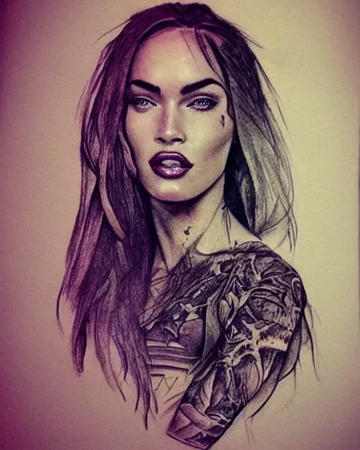 Prompt: megan fox face faded in realistic mountain scenery, double exposure effect, medium sized tattoo sketch, amazing detail, trending on pinterest, in the style of brandon kidwell