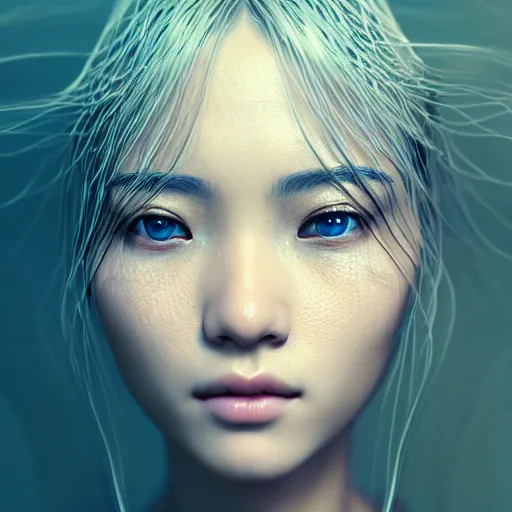 Image similar to intricate highly detailed face portrait of asian - european woman, light blue water vines on her face, intricate, cgsociety, unreal engine, octane render, sharp focus, smooth, volumetric lighting, cinematic composition, artstation