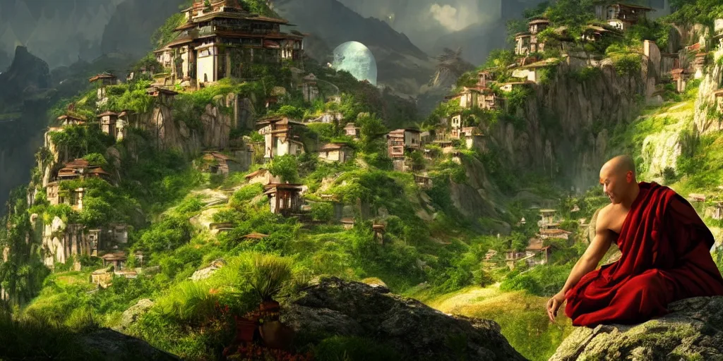 Image similar to a cinematic composition where a monk sits atop a mountain radiating his transformative energy to shift the cyberpunk civilization in the valley to a lush green overgrowing solarpunk civilization that is on top of the mountain