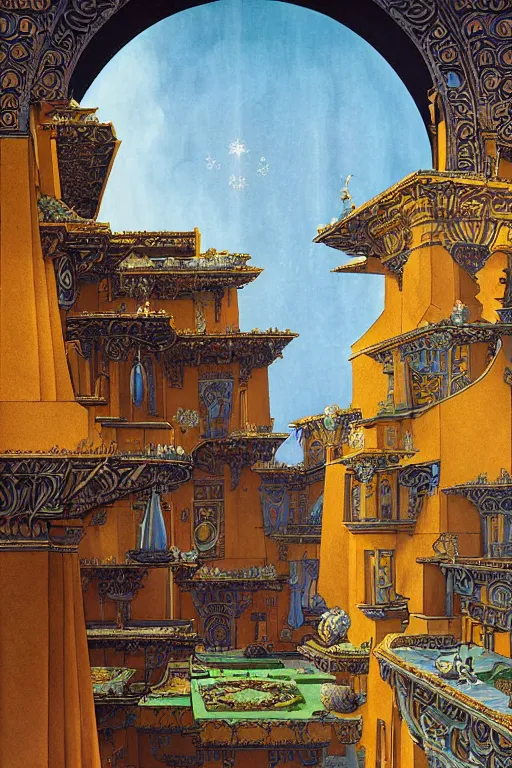 Image similar to ancient silver tower of the moon, distance view, fairytale illustration, elaborate carved latticed balconies, tall windows, moorish architecture, formal gardens, dramatic cinematic lighting, soft colors, golden age illustrator, unreal engine, by Andreas Rocha and Ludwig Deutsch and (Maxfield Parrish and Nicholas Roerich)