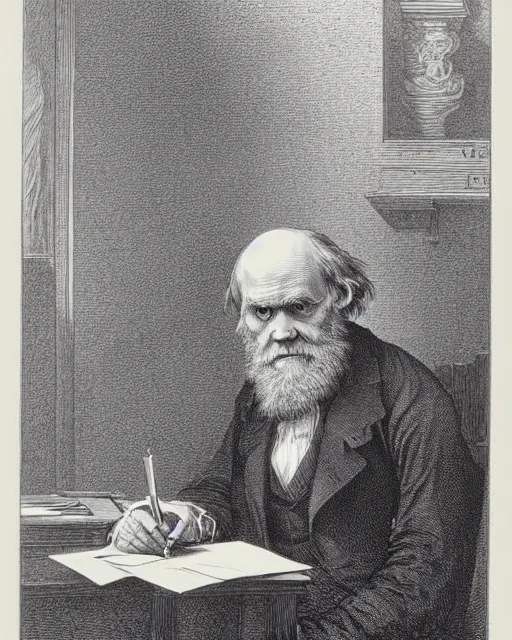 Prompt: an engraving of charles darwin writing by gustave dore, highly detailed, lithograph engraving