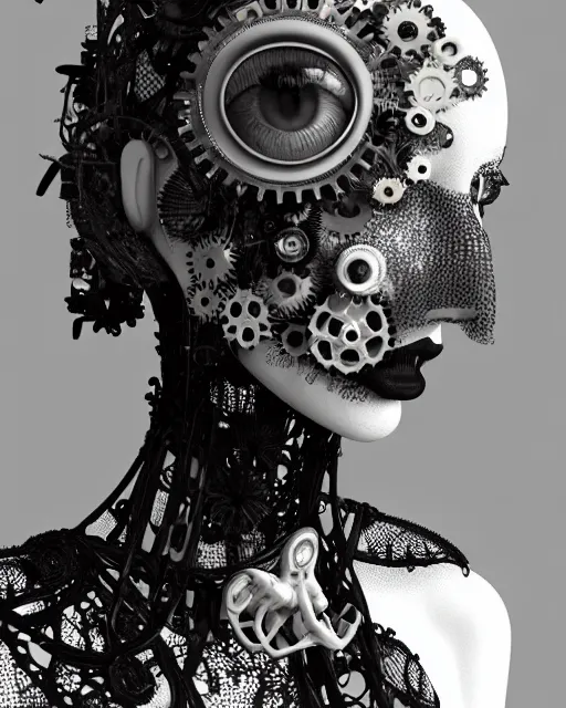 Image similar to black and white dreamy foggy smoky profile face portrait, one silver steampunk eye biomechanical beautiful young female cyclope - cyborg - robot bust, body ribs meshes,, volumetric light, hibiscus flowers, by hg giger, rim light, by dora maar and cecile beaton, big gothic fashion pearl embroidered collar, 8 k