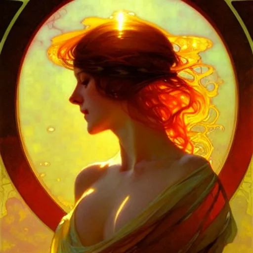 Image similar to sea of glossy liquid honey drops flowing like translucent amber, backlit, sunset, refracted lighting, art by collier, albert aublet, krenz cushart, artem demura, alphonse mucha