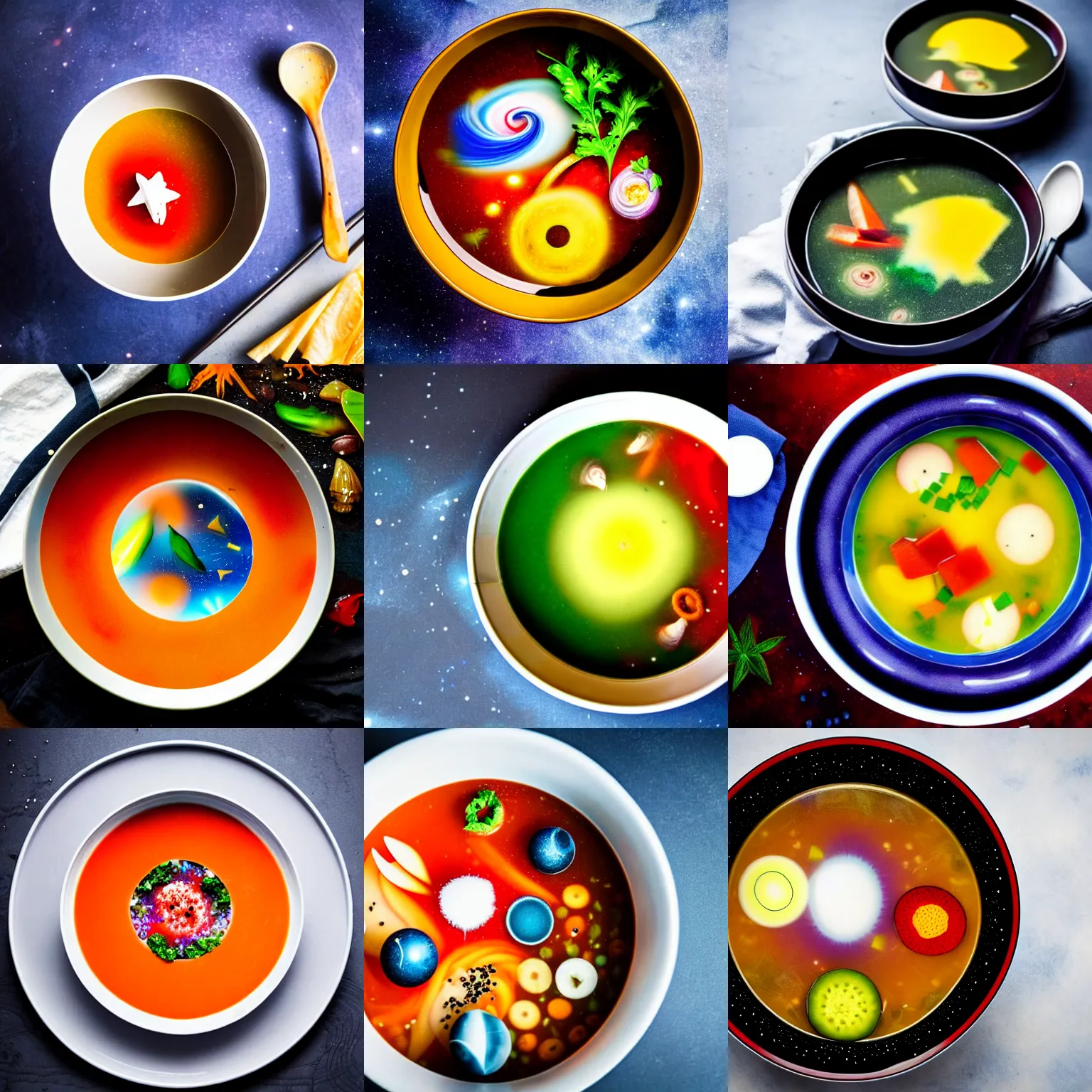 Prompt: space and cosmos soup in a bowl, food photography