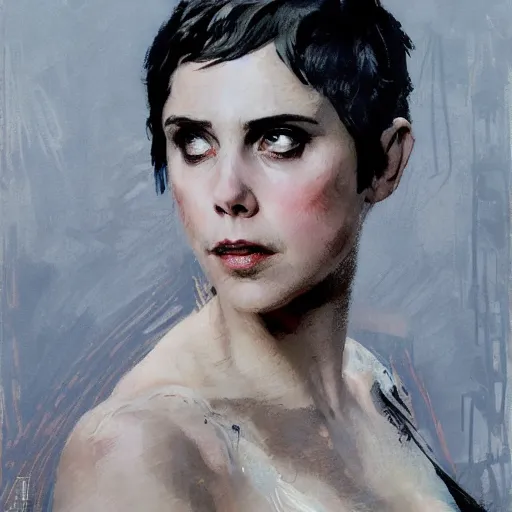 Image similar to alison brie as furiosa, intricate, elegant, highly detailed, greg manchess, mucha, liepke, ruan jia, jeffrey catherine jones, ridley scott