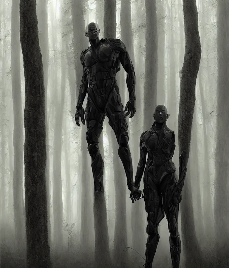 Prompt: portrait of a 1 5 foot tall, muscular, bald, smooth, extremely pale, androgynous humanoid with a perfectly symmetrical face, fully dressed in black body armour, in the background is a dense and foggy forest of trees, intricate detail, smooth, sharp focus, monochrome, high contrastl, art by artgerm and greg rutkowski,