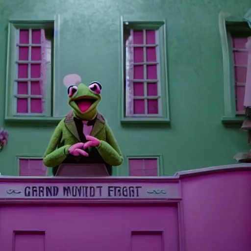 Prompt: a film still of kermit the frog in grand budapest hotel directed by wes anderson 2 0 1 4, pastel colors, 4 k, hd