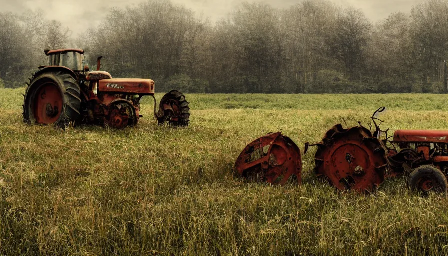 Image similar to abandoned old 2 0 0 0's belgian farm with vegetation, abandoned rusted tractor, morning, hyperdetailed, artstation, cgsociety, 8 k