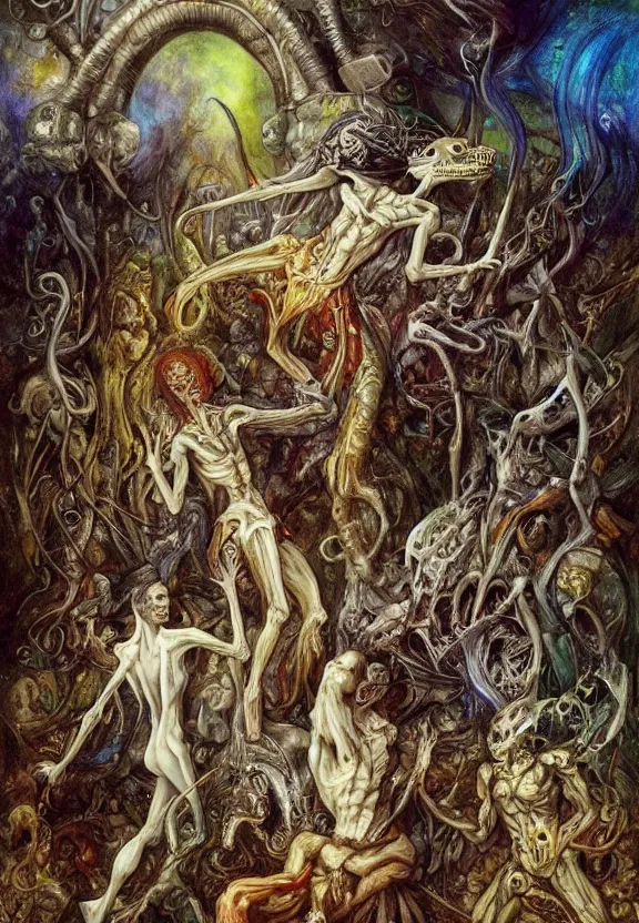 Prompt: colorful muscular eldritch bodies radiating town fractal, white bones, white skeletons, by h. r. giger and esao andrews and maria sibylla merian eugene delacroix, gustave dore, thomas moran, pop art, chiaroscuro, biopunk, art nouveau