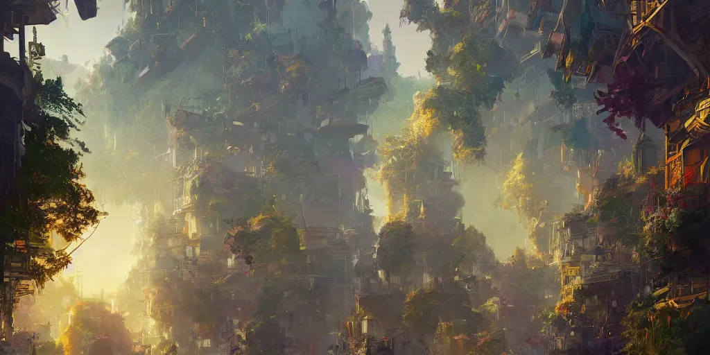 Image similar to a breathtaking fantasy solarpunk city, illustration by tiago sousa and greg rutkowski, bright sunlight, vivid and colorful trees and plants and flowers hanging from buildings, smooth digital concept art, 4 k, trending on artstation